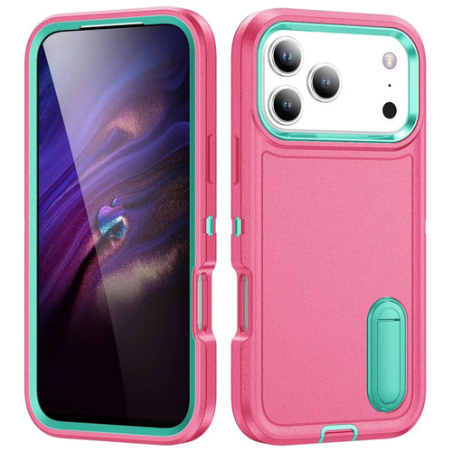 For iPhone 17 Pro Max Case Case Kickstand Phone Cover PC + Silicone + EVA 3-in-1 Design - Rose + Light Cyan - 1