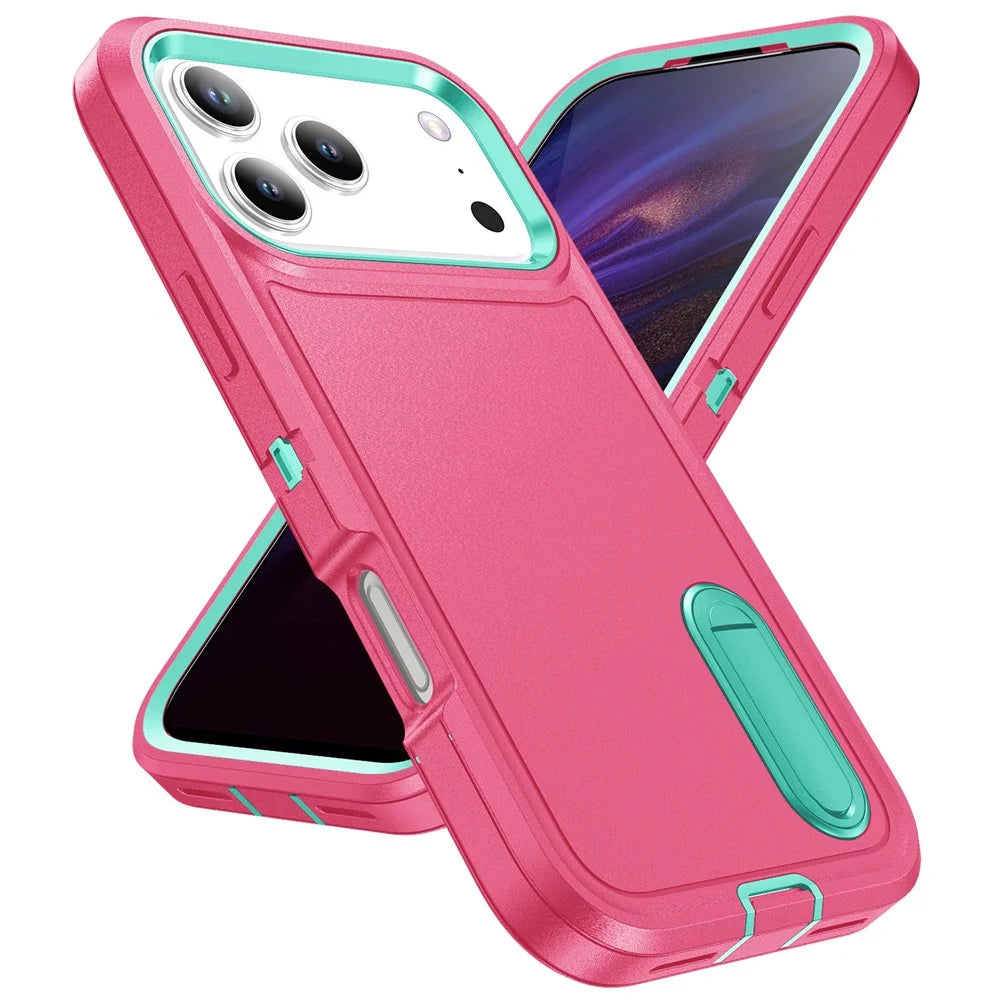 For iPhone 17 Pro Max Case Case Kickstand Phone Cover PC + Silicone + EVA 3-in-1 Design - Rose + Light Cyan - 2