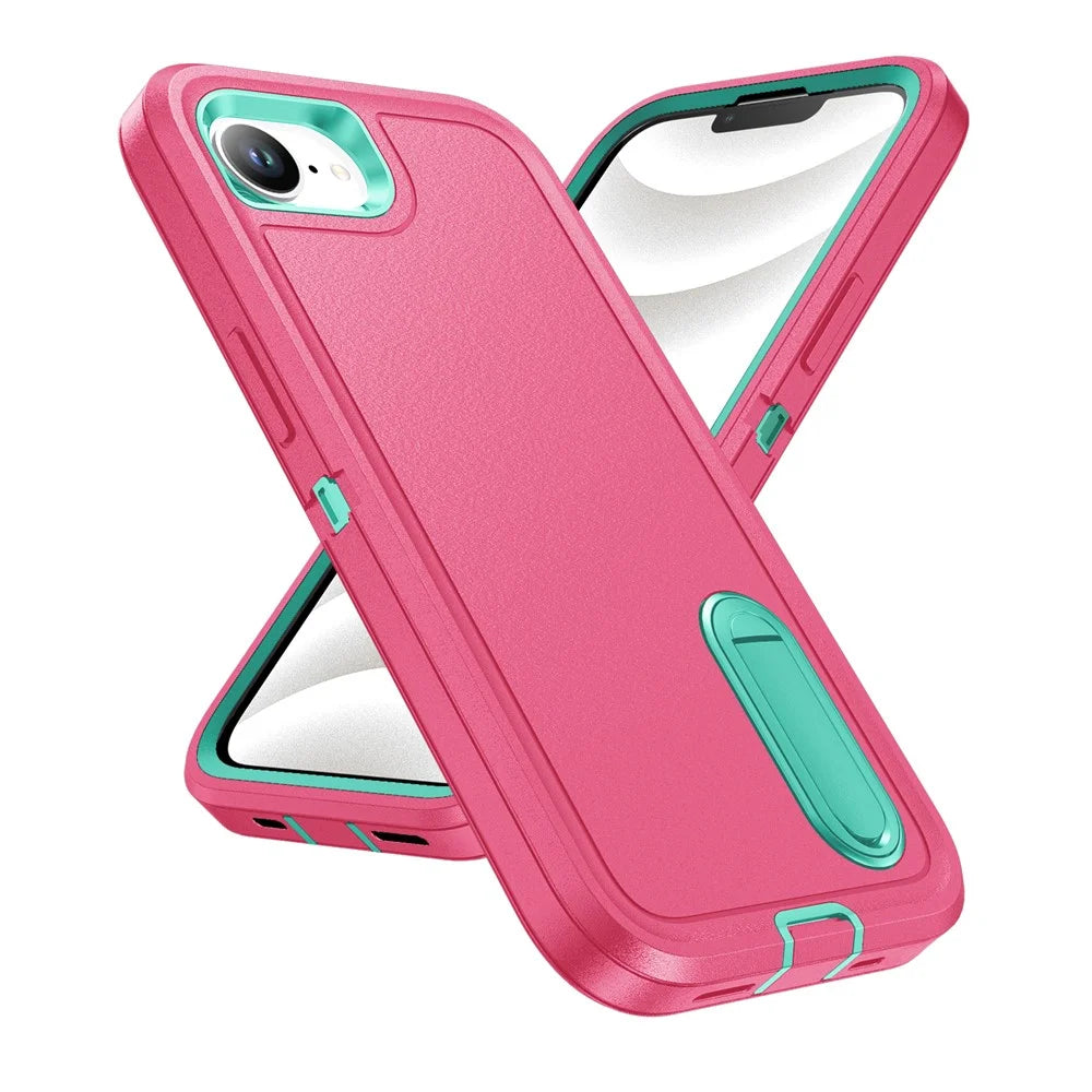 For iPhone 17e / 16e Case Case Kickstand Phone Cover PC + Silicone + EVA 3-in-1 Design - Rose + Light Cyan - 2