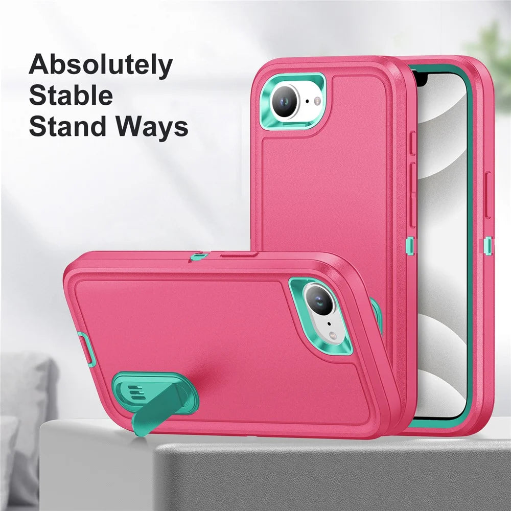 For iPhone 17e / 16e Case Case Kickstand Phone Cover PC + Silicone + EVA 3-in-1 Design - Rose + Light Cyan - 3