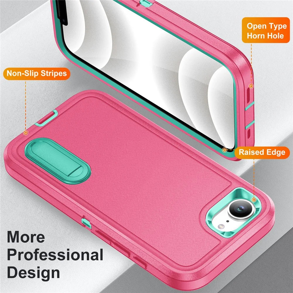 For iPhone 17e / 16e Case Case Kickstand Phone Cover PC + Silicone + EVA 3-in-1 Design - Rose + Light Cyan - 4