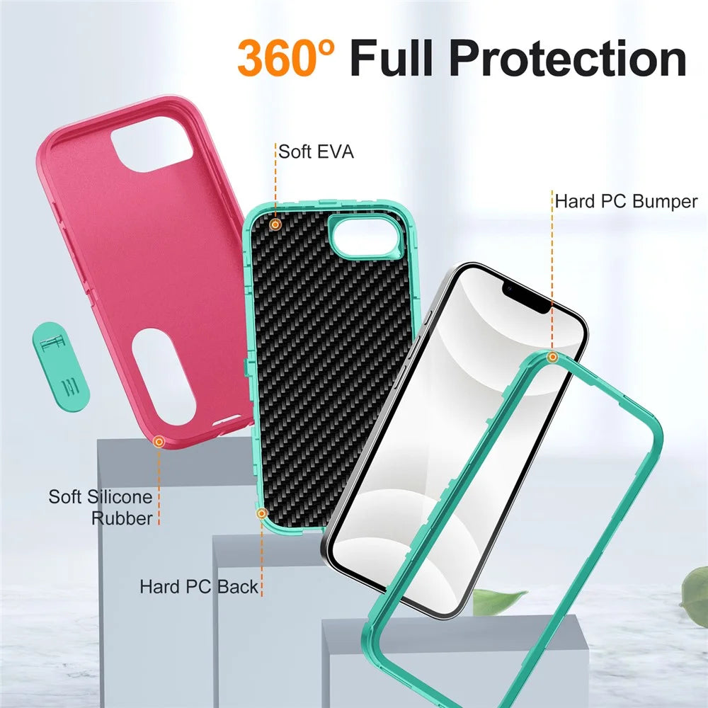 For iPhone 17e / 16e Case Case Kickstand Phone Cover PC + Silicone + EVA 3-in-1 Design - Rose + Light Cyan - 7
