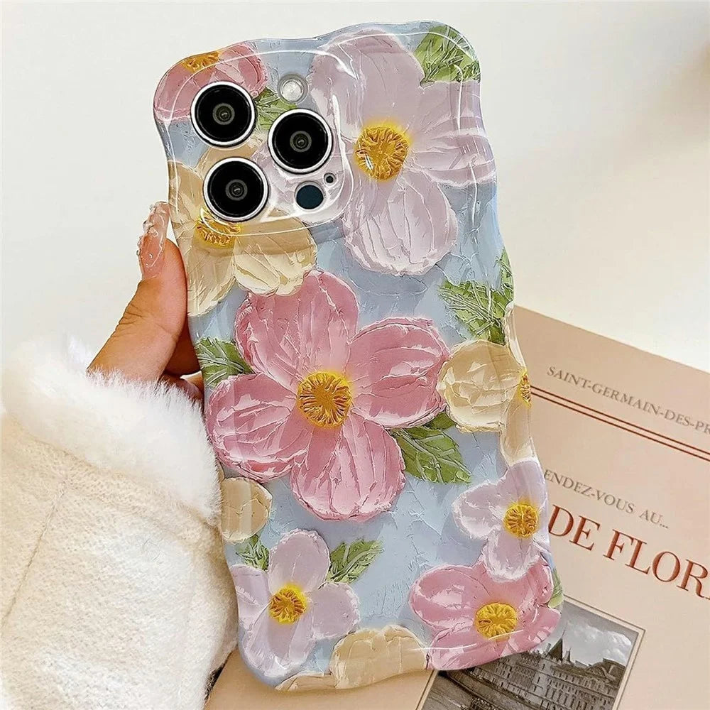 For iPhone 15 Pro Case Oil Painting Flower Pattern TPU Phone Cover with Curly Wave Frame - 1