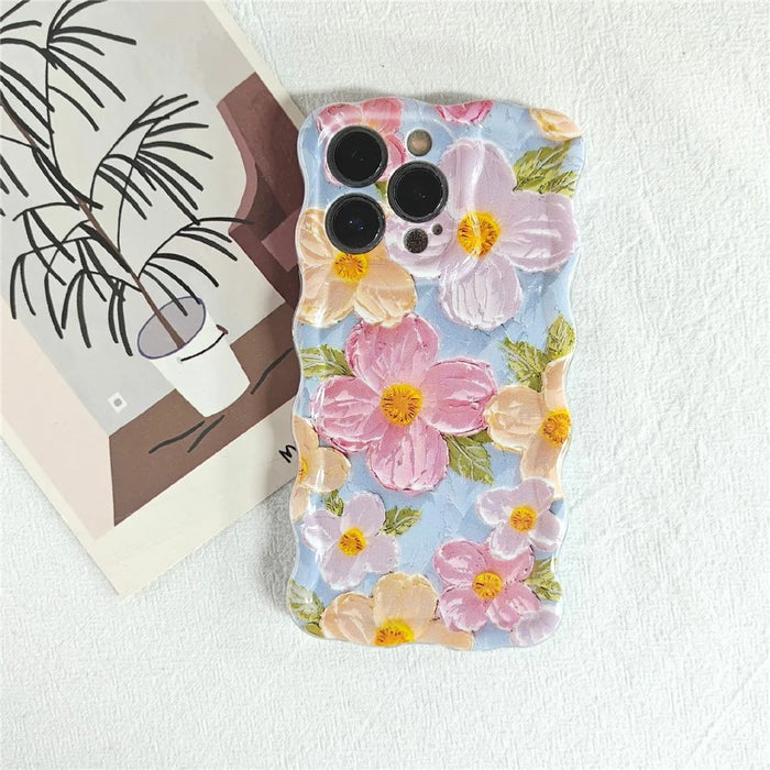 For iPhone 15 Pro Case Oil Painting Flower Pattern TPU Phone Cover with Curly Wave Frame - 3
