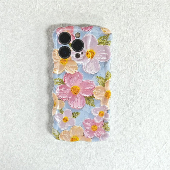 For iPhone 15 Pro Case Oil Painting Flower Pattern TPU Phone Cover with Curly Wave Frame - 5