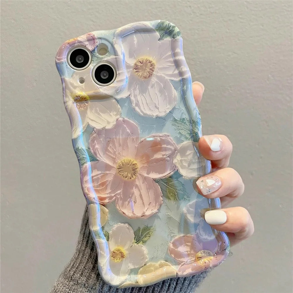 For iPhone 13 Case Oil Painting Flower Pattern TPU Phone Cover with Curly Wave Frame - 1