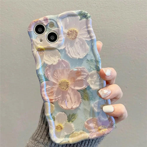 For iPhone 13 Case Oil Painting Flower Pattern TPU Phone Cover with Curly Wave Frame - 1