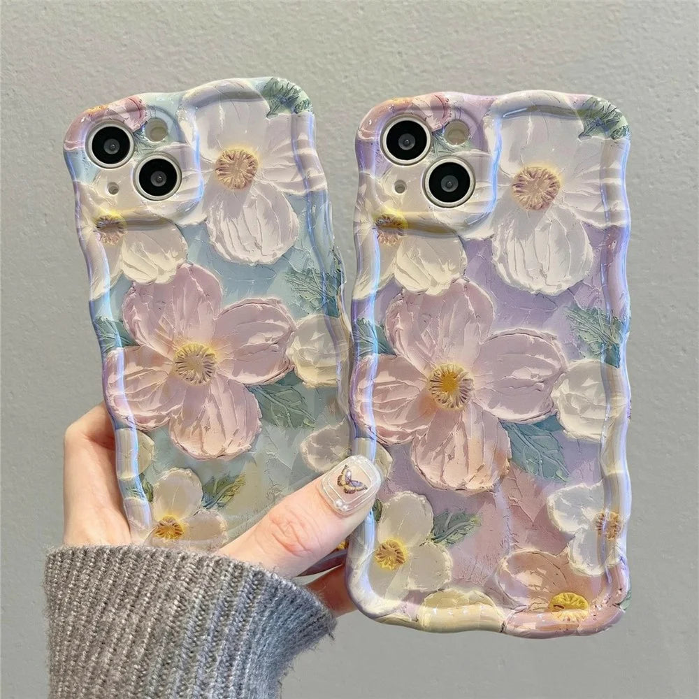 For iPhone 13 Case Oil Painting Flower Pattern TPU Phone Cover with Curly Wave Frame - 3