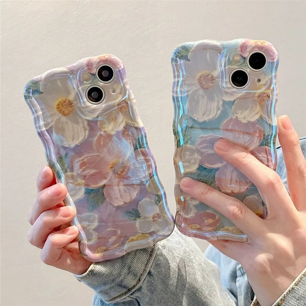 For iPhone 13 Case Oil Painting Flower Pattern TPU Phone Cover with Curly Wave Frame - 4