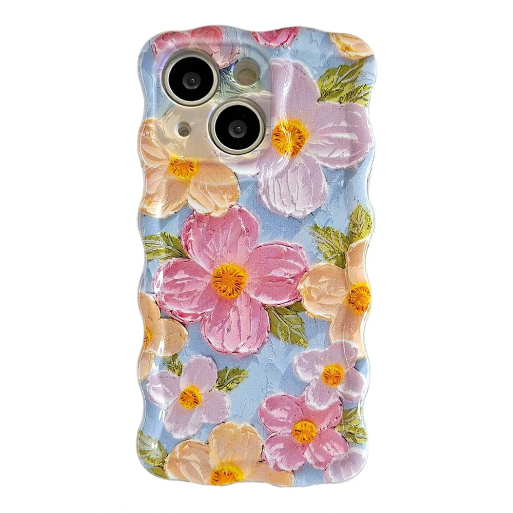 For iPhone 15 Case Oil Painting Flower Pattern TPU Phone Cover with Curly Wave Frame - 1
