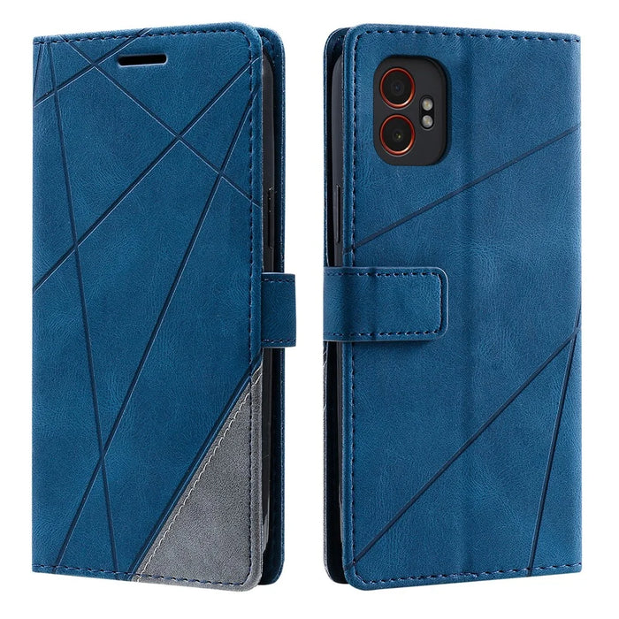 For Samsung Galaxy XCover7 Pro Case Imprinted Lines PU Leather Splicing Wallet Phone Cover with Wrist Strap - Blue - 1