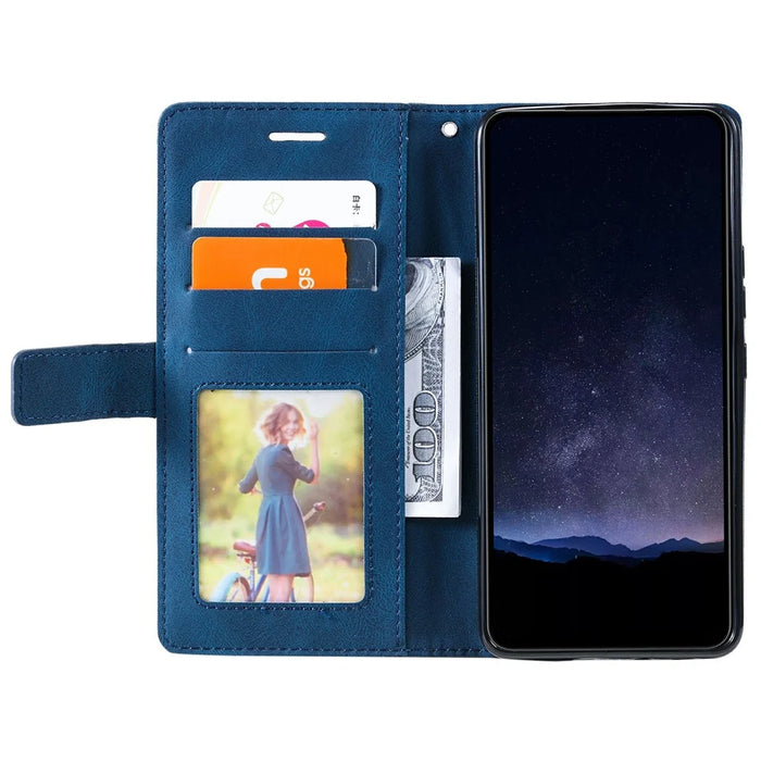 For Samsung Galaxy XCover7 Pro Case Imprinted Lines PU Leather Splicing Wallet Phone Cover with Wrist Strap - Blue - 2