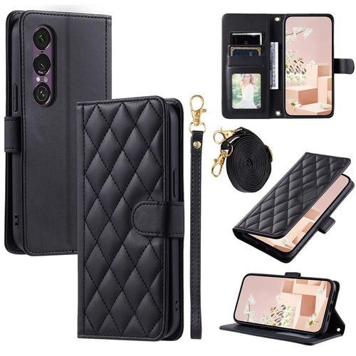 For Sony Xperia 1 VII Case Wallet Rhombus Grid PU Leather Phone Cover with Shoulder Strap / Wrist Strap - Black - 1
