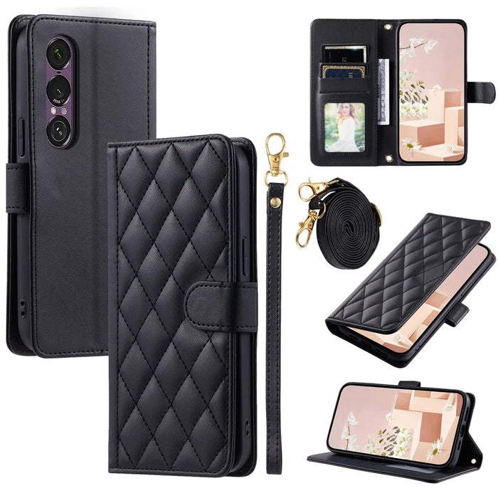 For Sony Xperia 1 VII Case Wallet Rhombus Grid PU Leather Phone Cover with Shoulder Strap / Wrist Strap - Black - 1