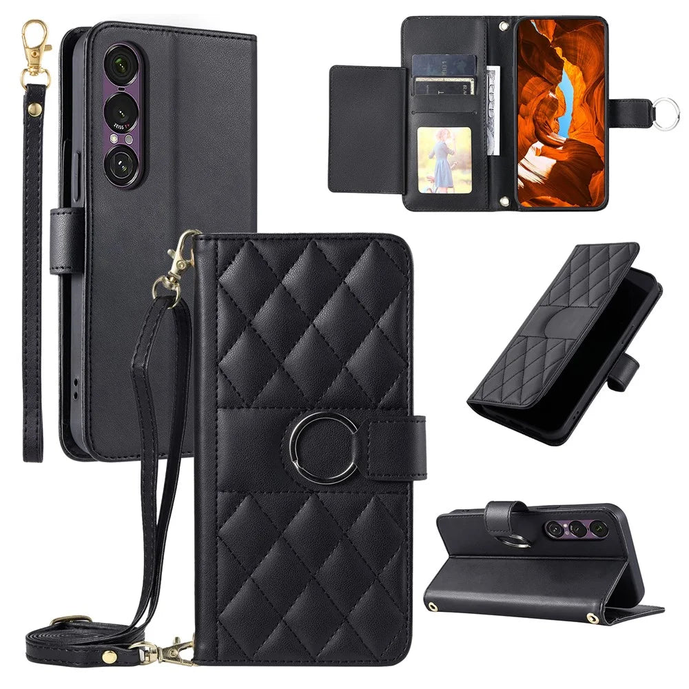 For Sony Xperia 1 VII Case Ring Buckle Wallet Stand Rhombus Crossbody Leather Mobile Cover - Black - 1