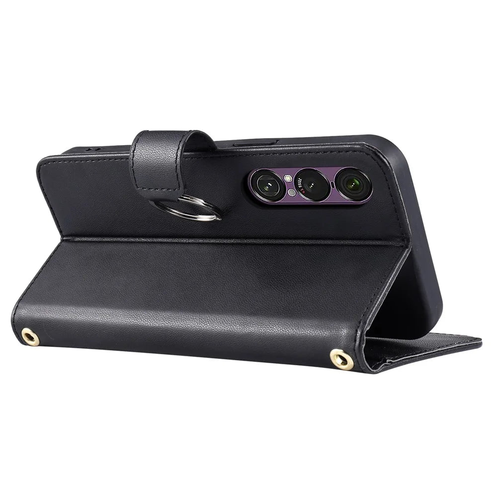 For Sony Xperia 1 VII Case Ring Buckle Wallet Stand Rhombus Crossbody Leather Mobile Cover - Black - 4