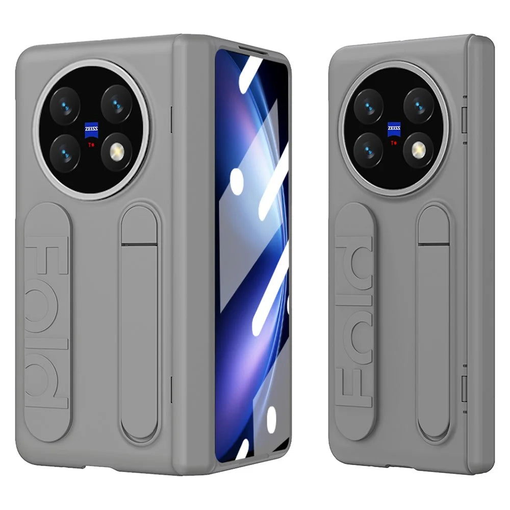 For vivo X Fold5 5G Case Kickstand Wristband PC Phone Cover with Tempered Glass Film - Grey - 1