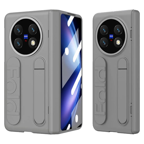 For vivo X Fold5 5G Case Kickstand Wristband PC Phone Cover with Tempered Glass Film - Grey - 1