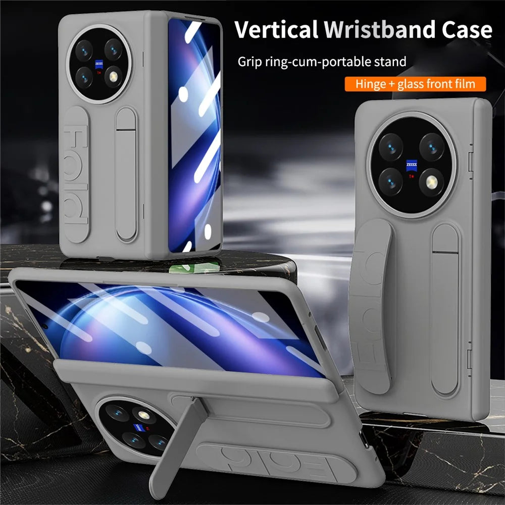 For vivo X Fold5 5G Case Kickstand Wristband PC Phone Cover with Tempered Glass Film - Grey - 2
