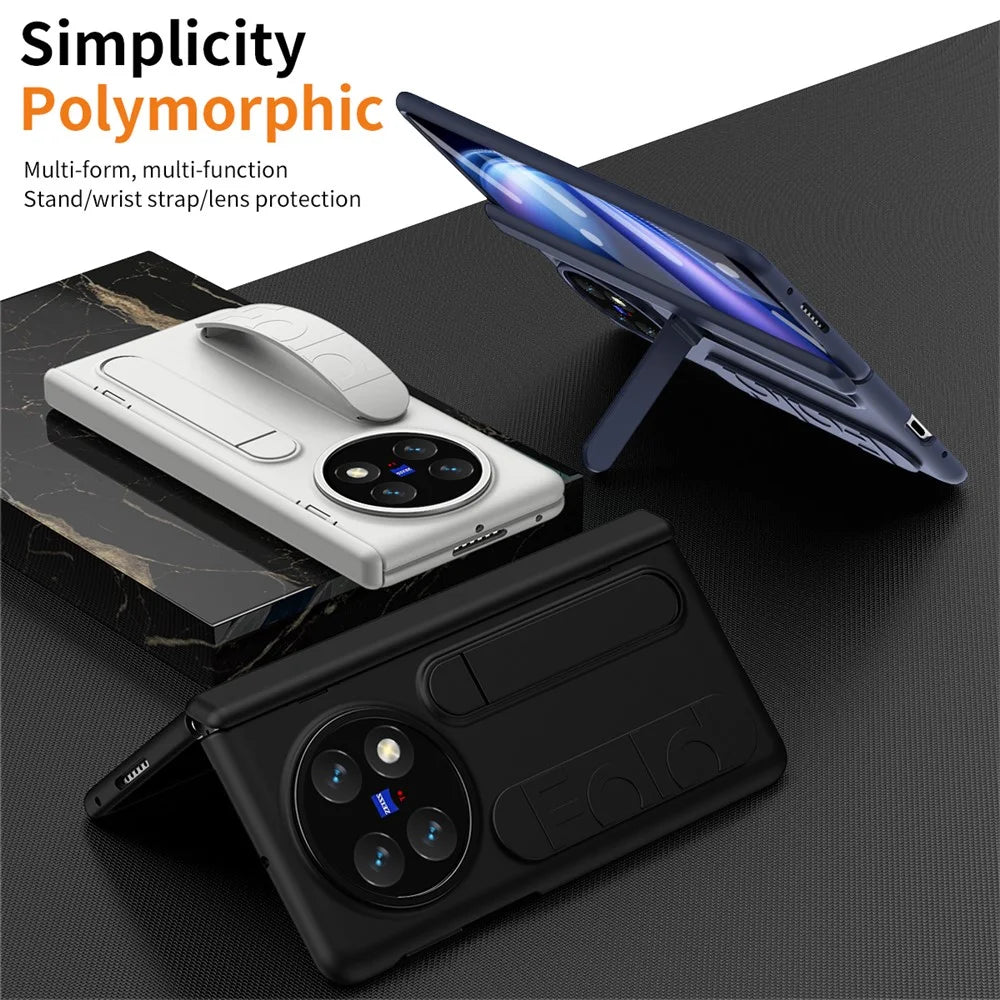For vivo X Fold5 5G Case Kickstand Wristband PC Phone Cover with Tempered Glass Film - Grey - 3