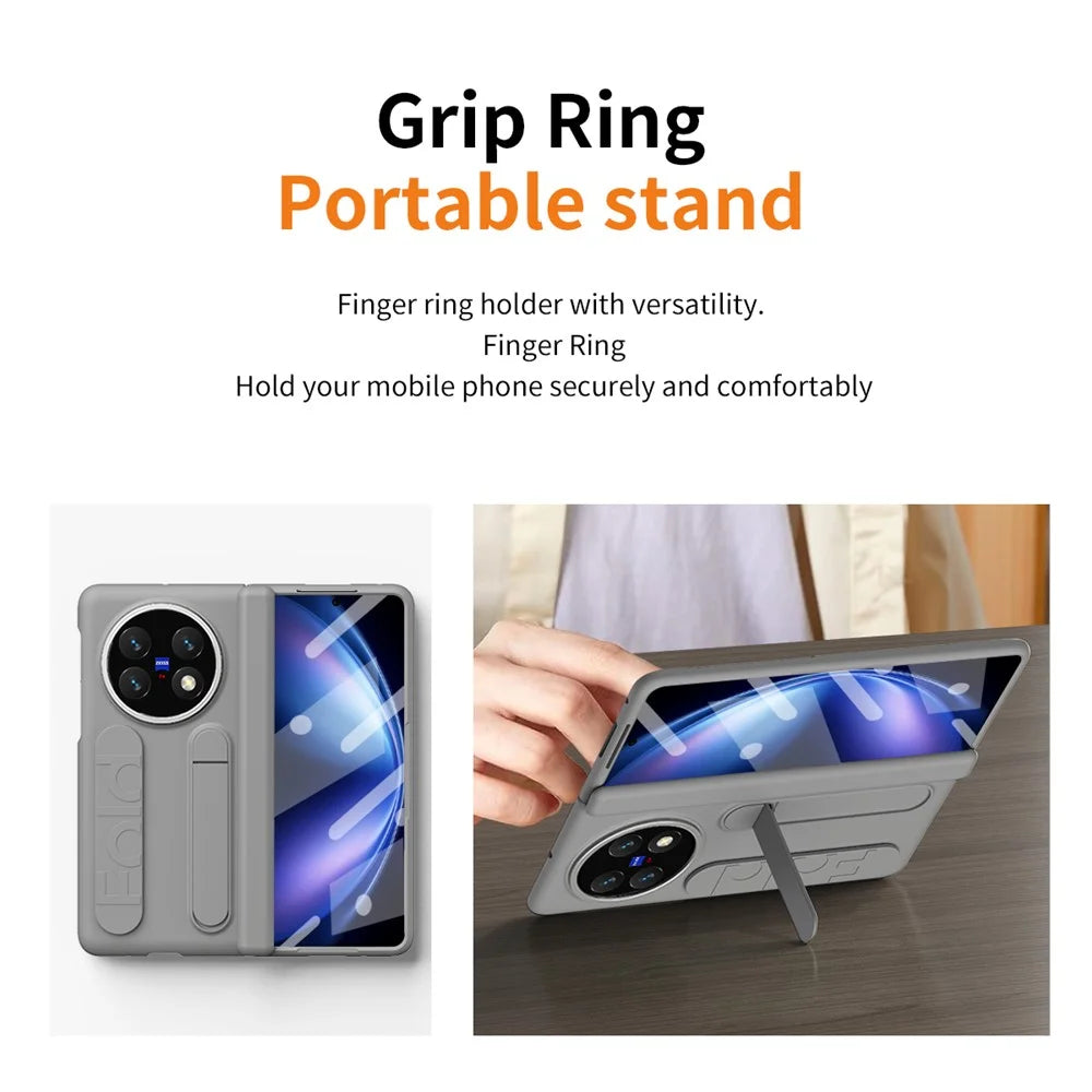 For vivo X Fold5 5G Case Kickstand Wristband PC Phone Cover with Tempered Glass Film - Grey - 5