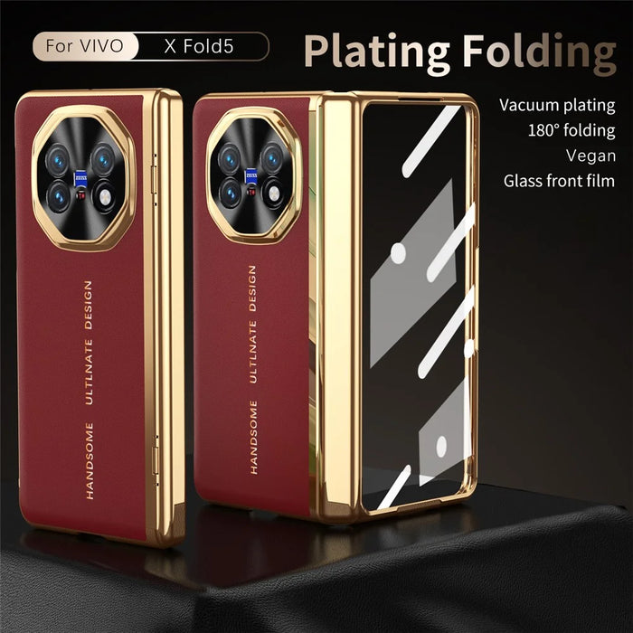 For vivo X Fold5 5G Case PU Leather + PC Electroplated Phone Cover with Front Screen Protector - Red - 3