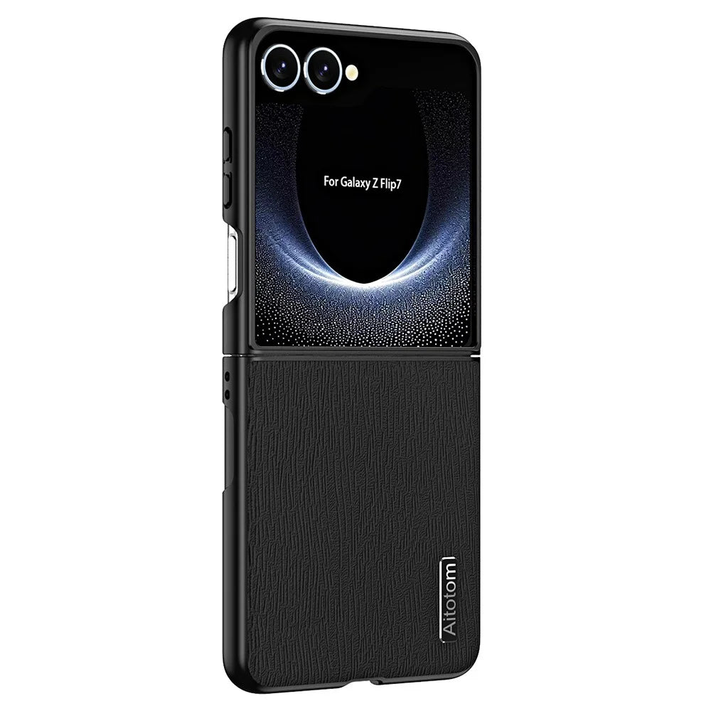 For Samsung Galaxy Z Flip7 5G Case Wood Texture PU Leather Coated PC TPU Phone Cover - Black - 1