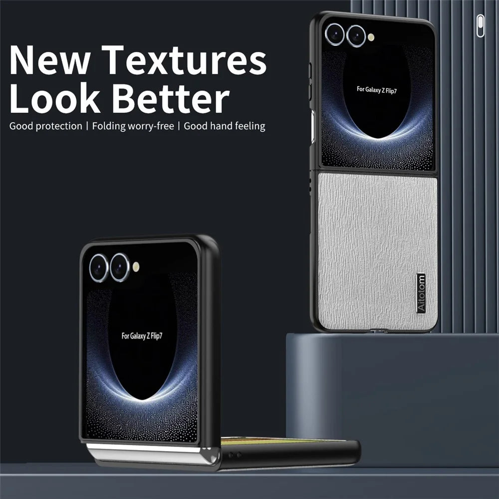 For Samsung Galaxy Z Flip7 5G Case Wood Texture PU Leather Coated PC TPU Phone Cover - Black - 3