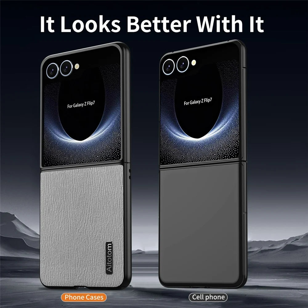 For Samsung Galaxy Z Flip7 5G Case Wood Texture PU Leather Coated PC TPU Phone Cover - Black - 4