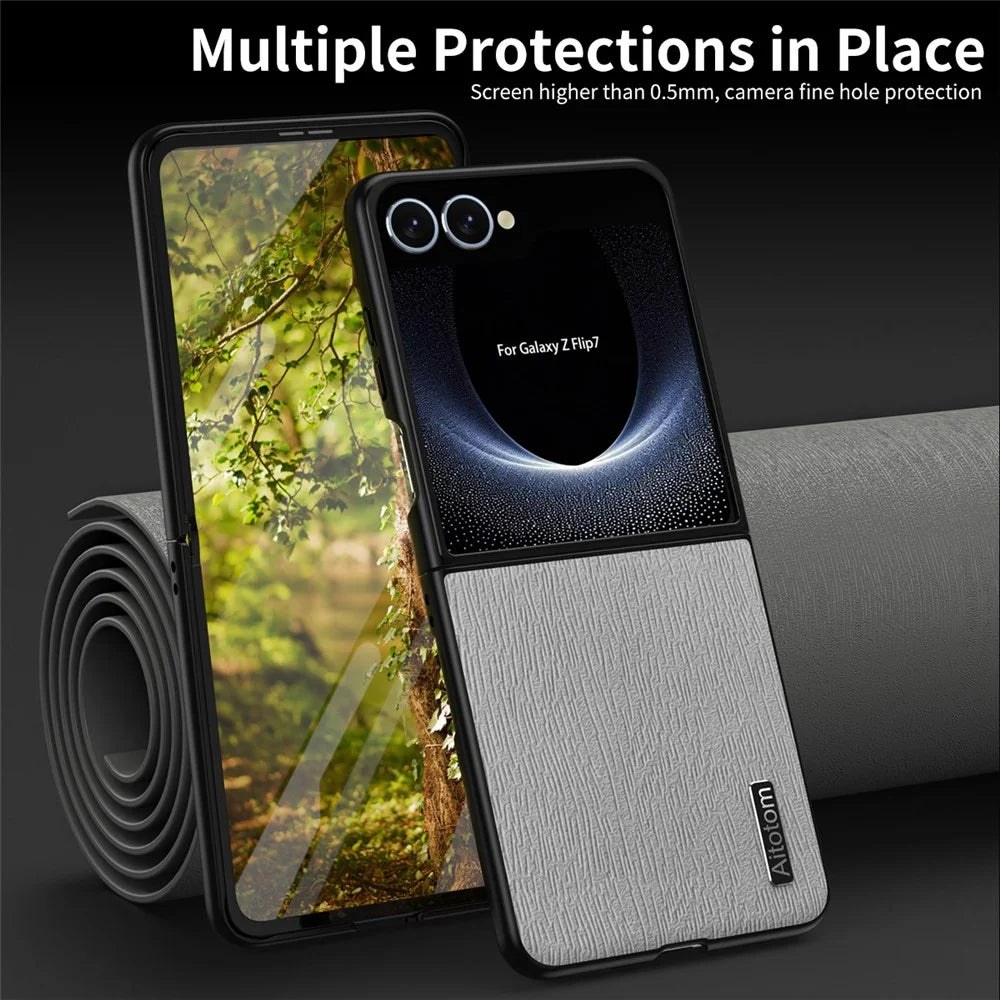 For Samsung Galaxy Z Flip7 5G Case Wood Texture PU Leather Coated PC TPU Phone Cover - Black - 5