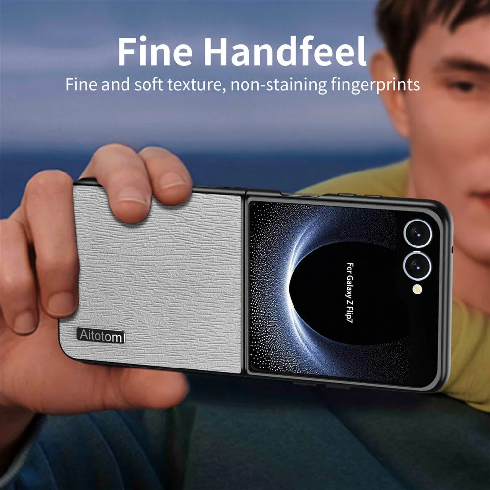For Samsung Galaxy Z Flip7 5G Case Wood Texture PU Leather Coated PC TPU Phone Cover - Black - 6