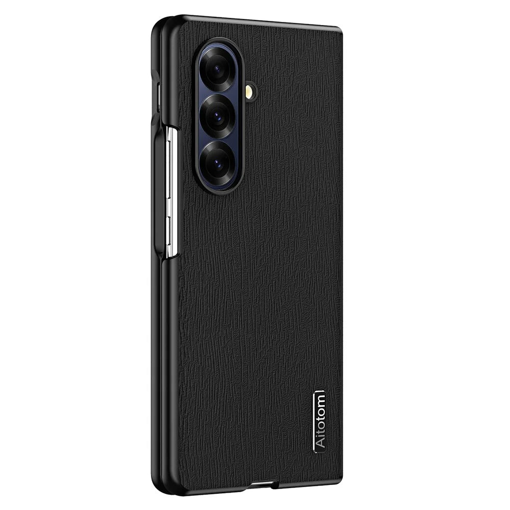 For Samsung Galaxy Z Fold7 5G Case Wood Texture PU Leather Coated PC TPU Phone Cover - Black - 1