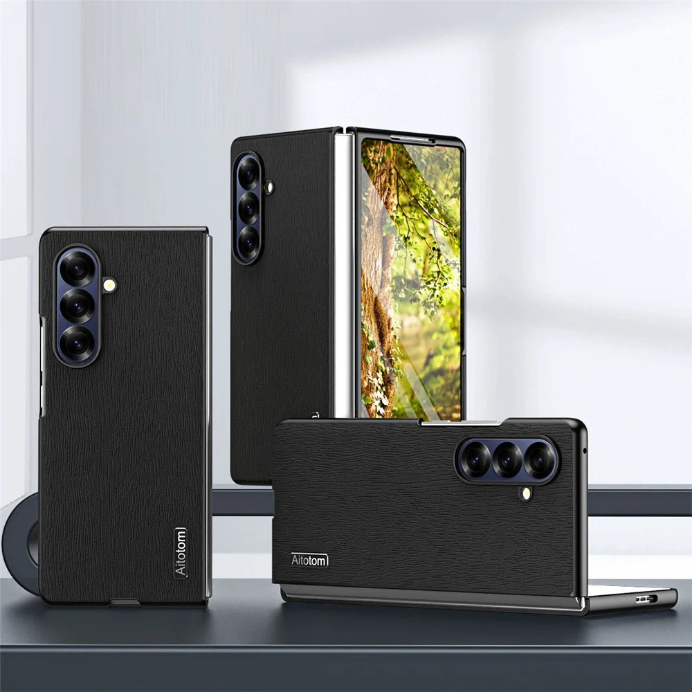 For Samsung Galaxy Z Fold7 5G Case Wood Texture PU Leather Coated PC TPU Phone Cover - Black - 2