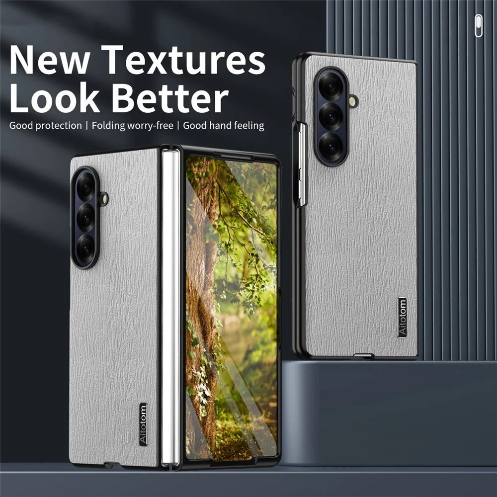 For Samsung Galaxy Z Fold7 5G Case Wood Texture PU Leather Coated PC TPU Phone Cover - Black - 3