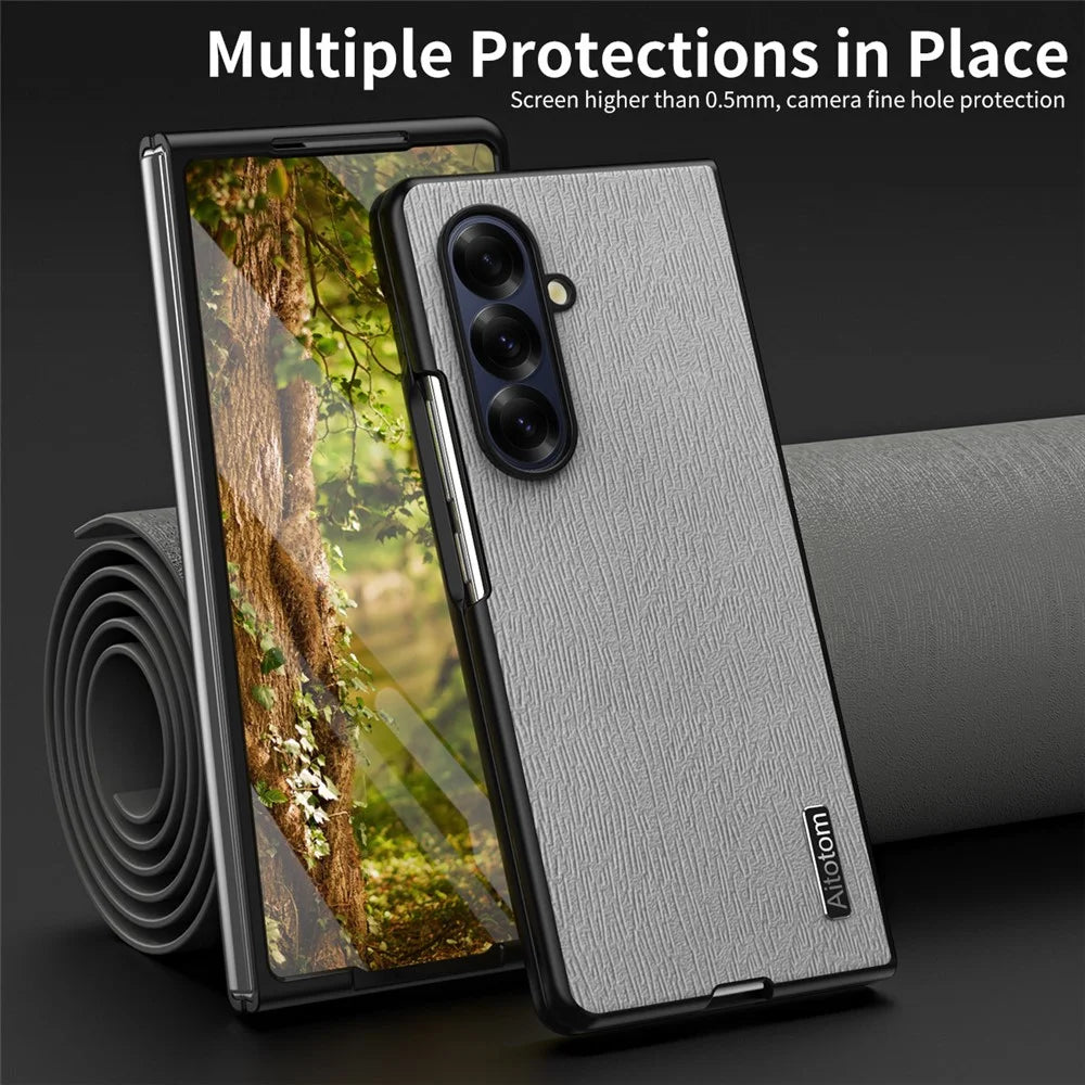 For Samsung Galaxy Z Fold7 5G Case Wood Texture PU Leather Coated PC TPU Phone Cover - Black - 5