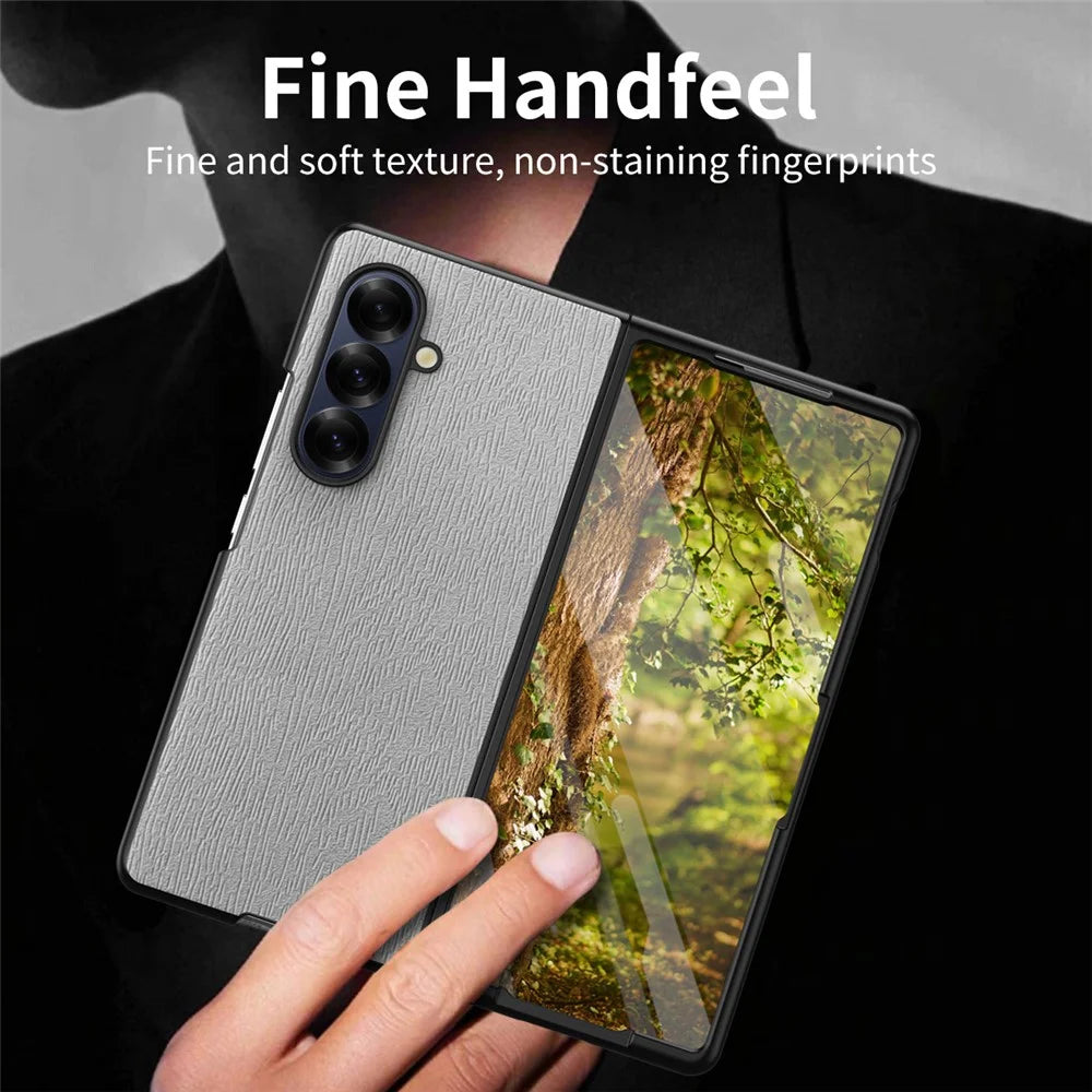 For Samsung Galaxy Z Fold7 5G Case Wood Texture PU Leather Coated PC TPU Phone Cover - Black - 6