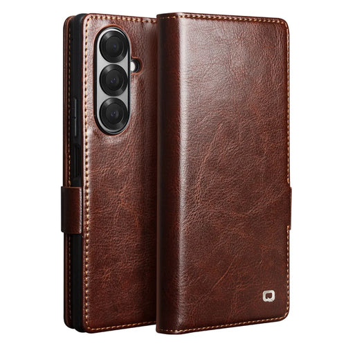 QIALINO For Samsung Galaxy Z Fold7 5G Case with Card Holder Genuine Cow Leather Stand Phone Cover - Brown - 1