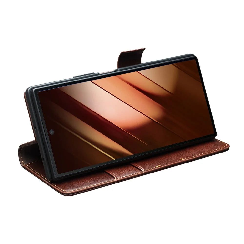 QIALINO For Samsung Galaxy Z Fold7 5G Case with Card Holder Genuine Cow Leather Stand Phone Cover - Brown - 3