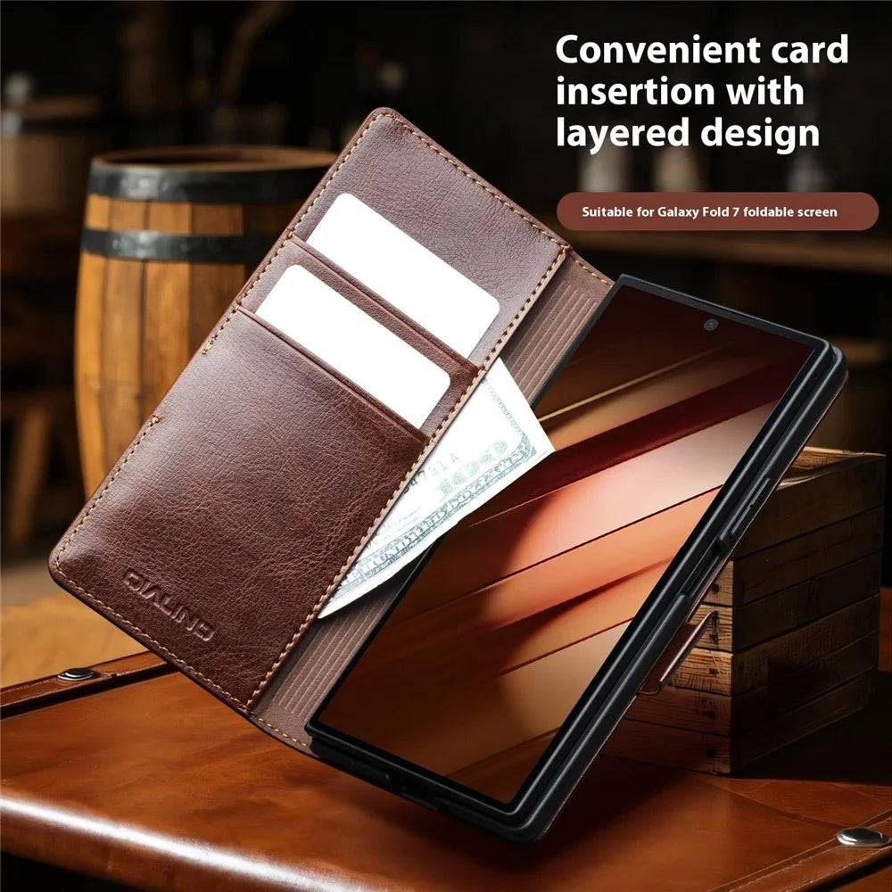 QIALINO For Samsung Galaxy Z Fold7 5G Case with Card Holder Genuine Cow Leather Stand Phone Cover - Brown - 4