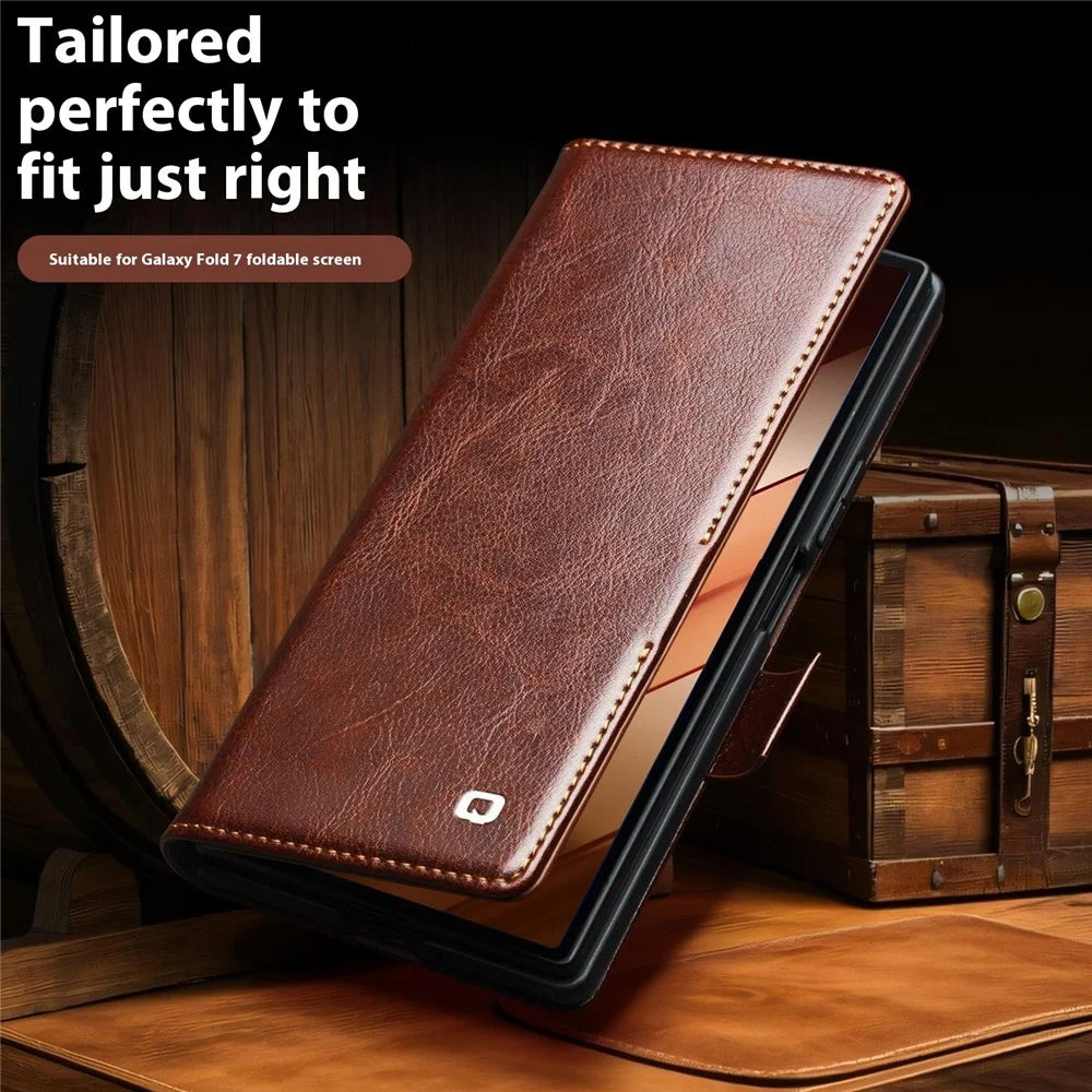 QIALINO For Samsung Galaxy Z Fold7 5G Case with Card Holder Genuine Cow Leather Stand Phone Cover - Brown - 5