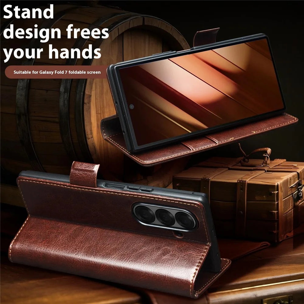 QIALINO For Samsung Galaxy Z Fold7 5G Case with Card Holder Genuine Cow Leather Stand Phone Cover - Brown - 6