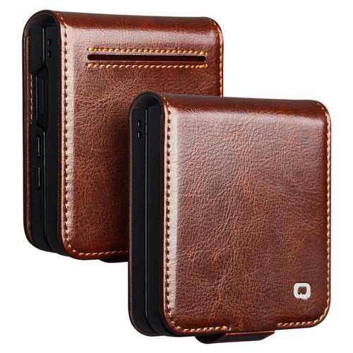 QIALINO For Samsung Galaxy Z Flip7 5G Case Crazy Horse Textured Genuine Cow Leather PC Flip Phone Cover with Card Holder - Brown - 1