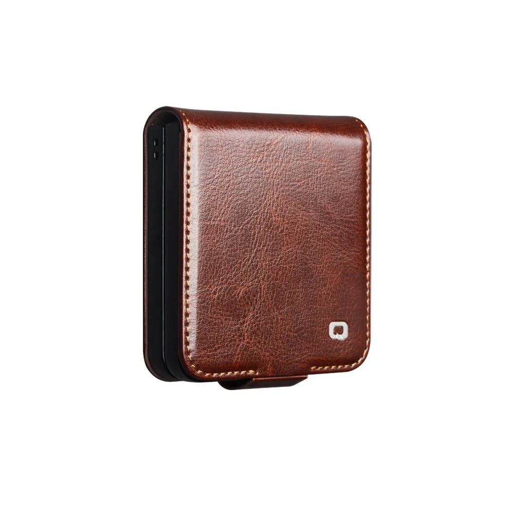 QIALINO For Samsung Galaxy Z Flip7 5G Case Crazy Horse Textured Genuine Cow Leather PC Flip Phone Cover with Card Holder - Brown - 2