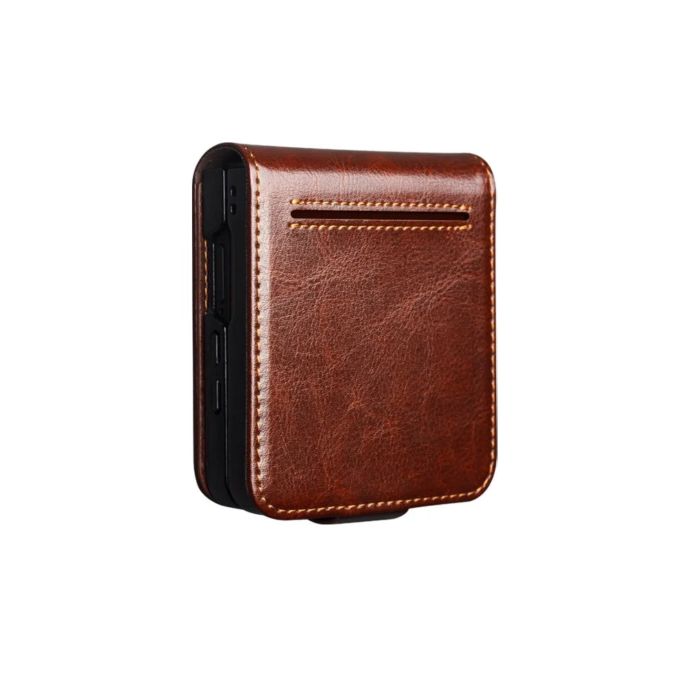 QIALINO For Samsung Galaxy Z Flip7 5G Case Crazy Horse Textured Genuine Cow Leather PC Flip Phone Cover with Card Holder - Brown - 3