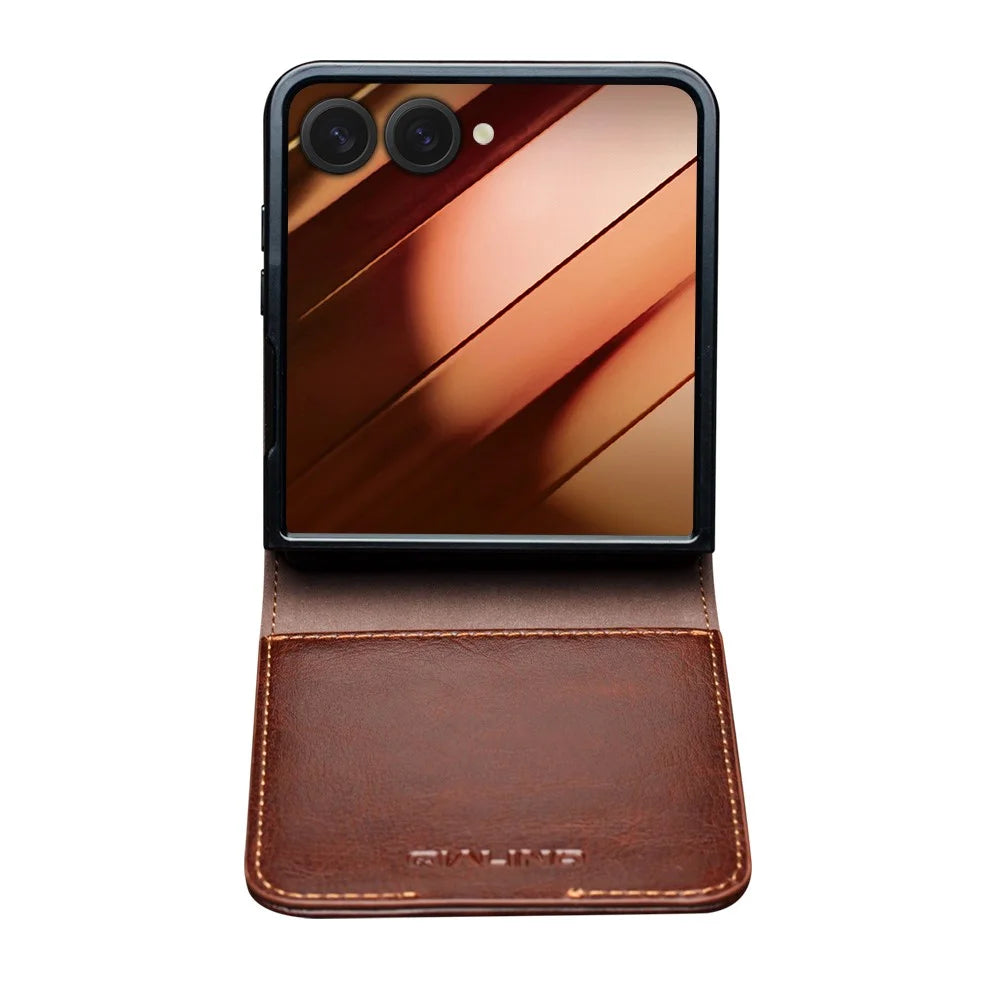 QIALINO For Samsung Galaxy Z Flip7 5G Case Crazy Horse Textured Genuine Cow Leather PC Flip Phone Cover with Card Holder - Brown - 4