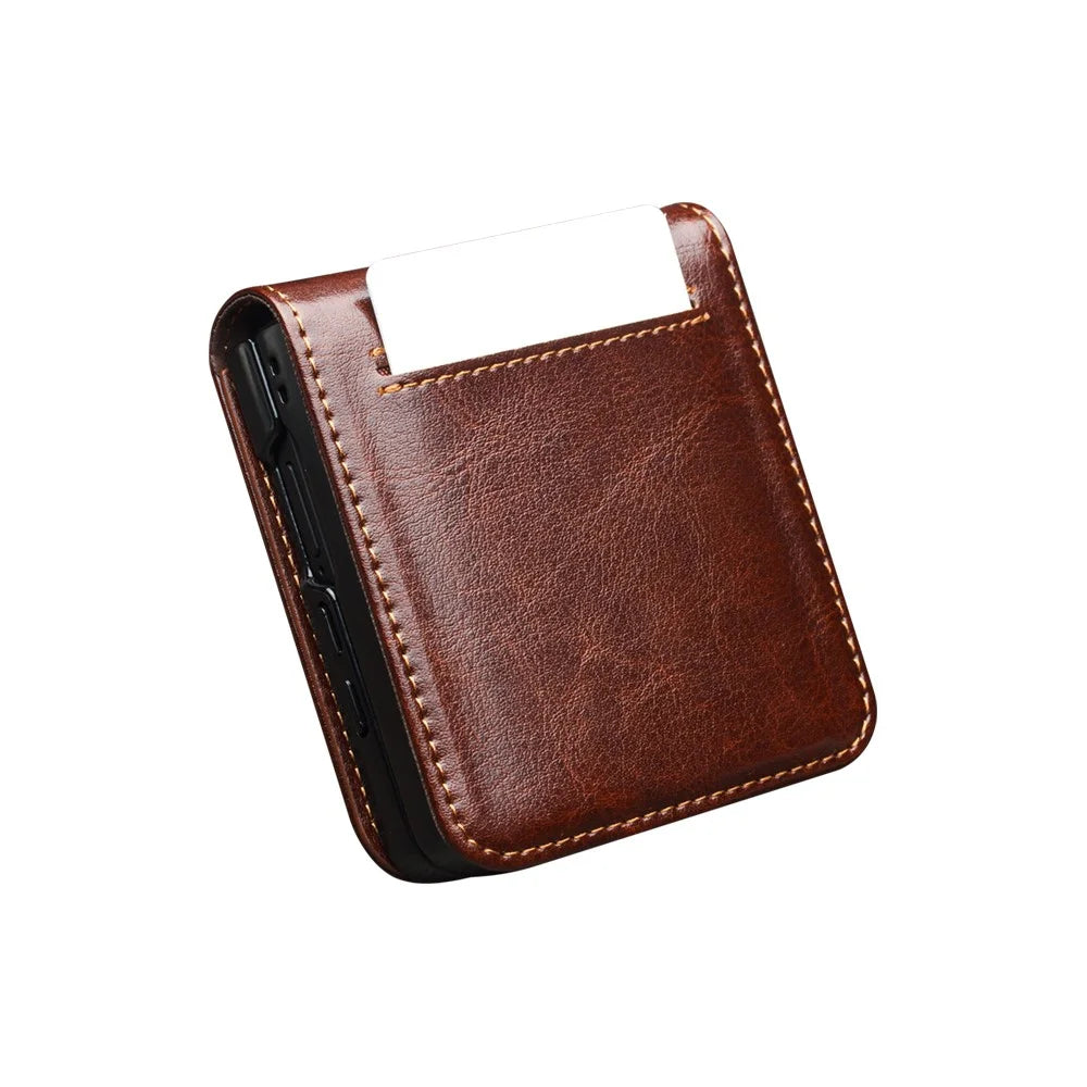 QIALINO For Samsung Galaxy Z Flip7 5G Case Crazy Horse Textured Genuine Cow Leather PC Flip Phone Cover with Card Holder - Brown - 5