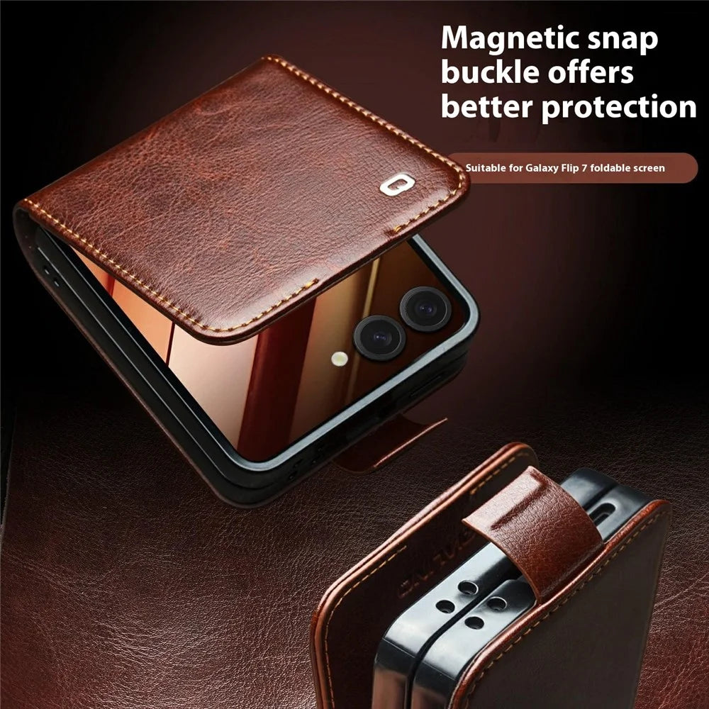 QIALINO For Samsung Galaxy Z Flip7 5G Case Crazy Horse Textured Genuine Cow Leather PC Flip Phone Cover with Card Holder - Brown - 6