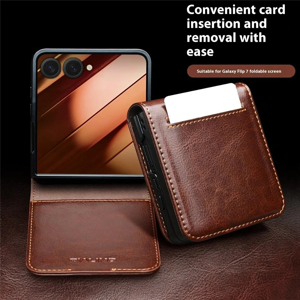 QIALINO For Samsung Galaxy Z Flip7 5G Case Crazy Horse Textured Genuine Cow Leather PC Flip Phone Cover with Card Holder - Brown - 7