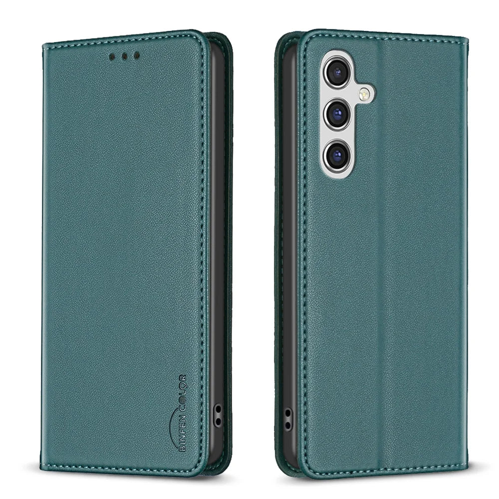 BINFEN COLOR For Samsung Galaxy S25 FE Leather Case  BF18 Phone Stand Cover with Card Slots - Green - 1