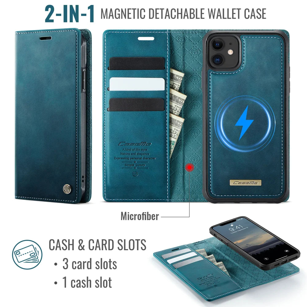 CASEME For iPhone 12 Pro 6.1 inch / iPhone 12 6.1 inch Case  C49  Compatible with MagSafe RFID Blocking Detachable Wallet Leather Phone Cover - Green - 2